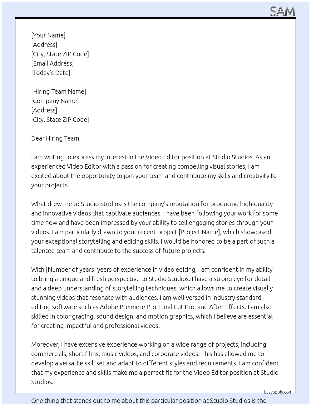 Video Editor At Studio Studios Cover Letter