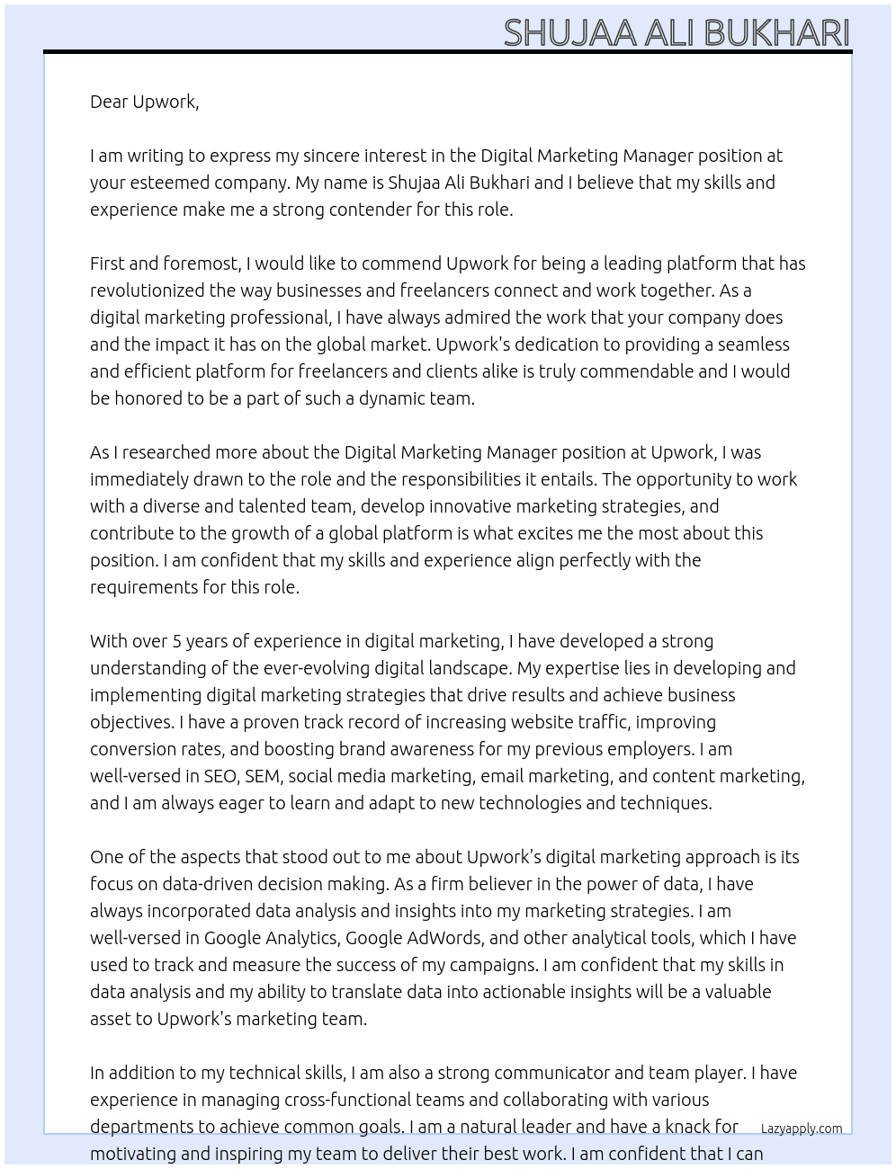 Digital Marketing Manager At Upwork Cover Letter