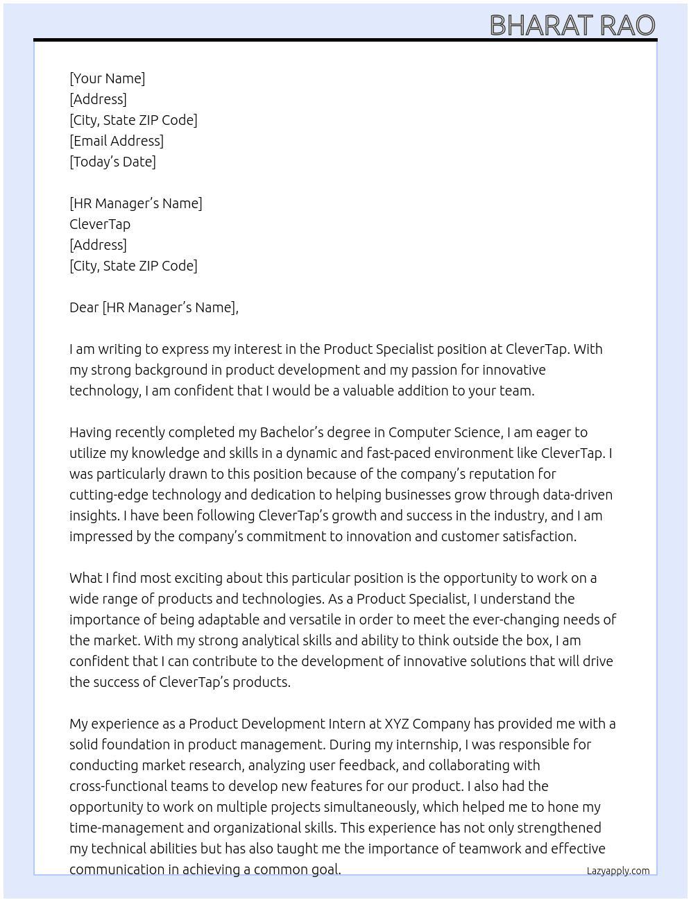 Product Specialist At CleverTap Cover Letter
