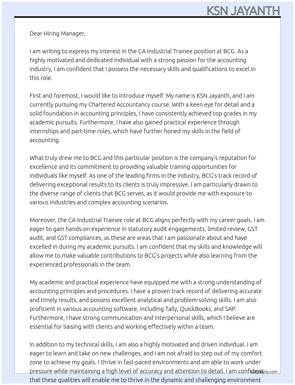 CA Industrial Trainee At BCG Cover Letter
