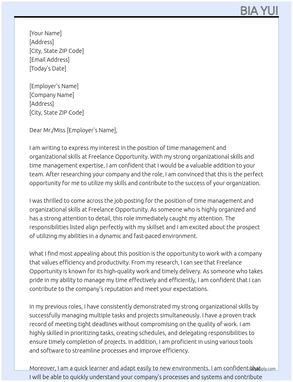  time management and organizational skills At Freelance Oppurtinty Cover Letter