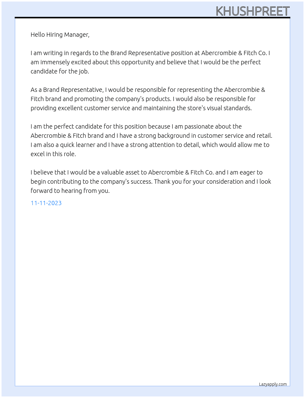 Brand Representative At Abercrombie & Fitch Co. Cover Letter