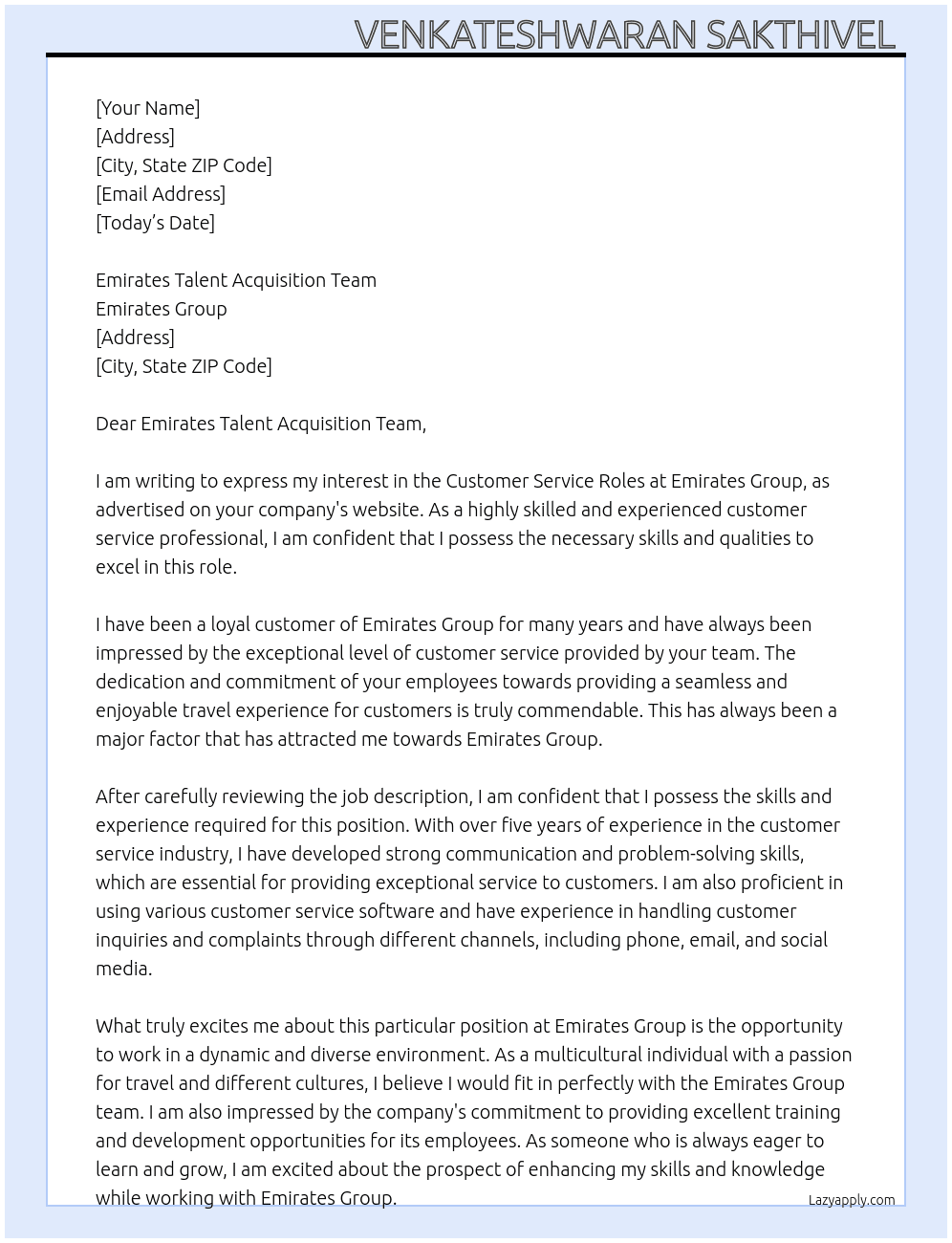 Customer Service Roles  At Emirates Group  Cover Letter