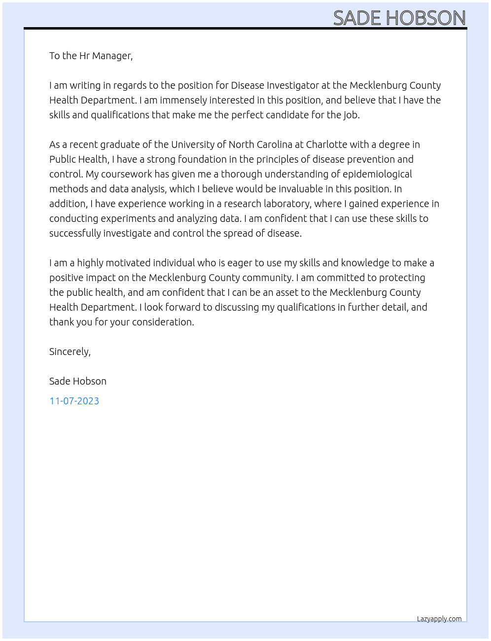 Disease Investigator  At Mecklenburg County Health Department  Cover Letter