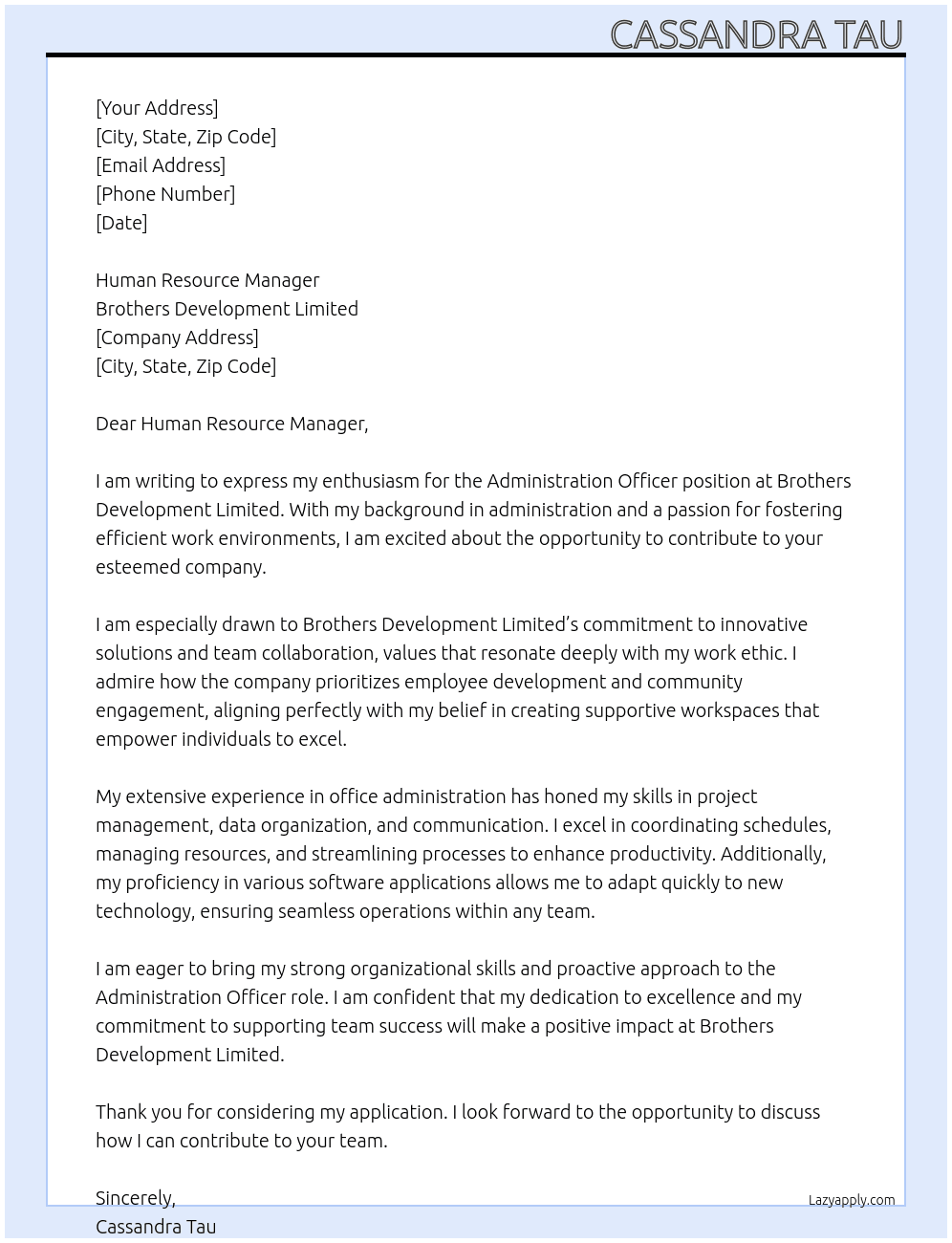 Administration Officer At Brothers Development Limited Cover Letter