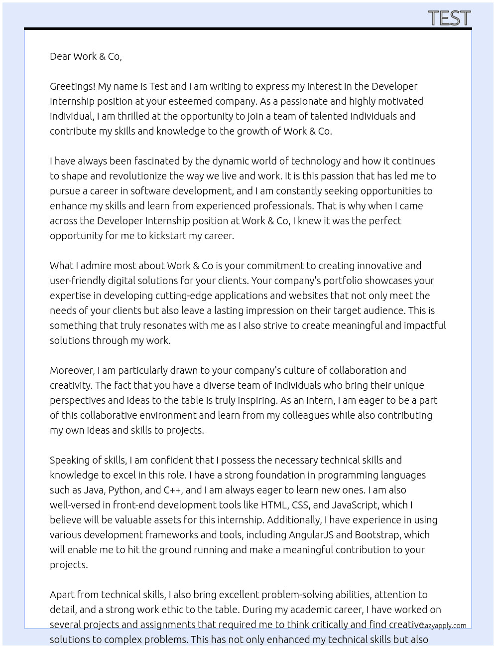 Developer Internship At Work & Co Cover Letter