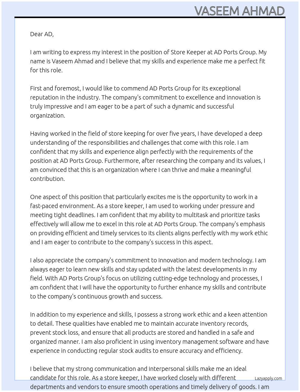 store keeper At AD Ports Group Cover Letter