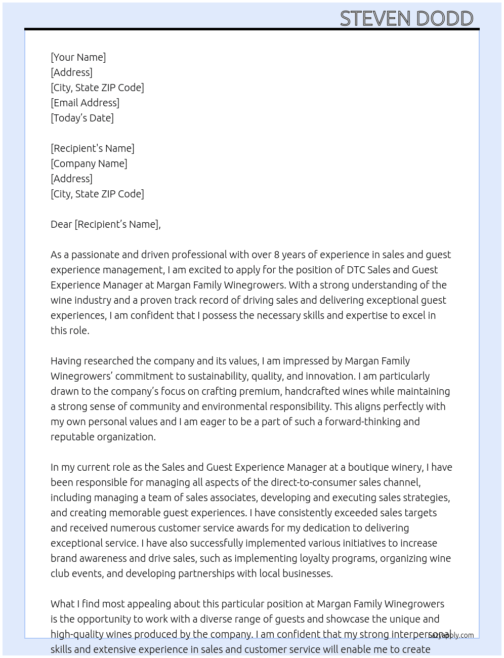 DTC Sales and Guest Experience Manager At Margan Family Winegrowers Cover Letter