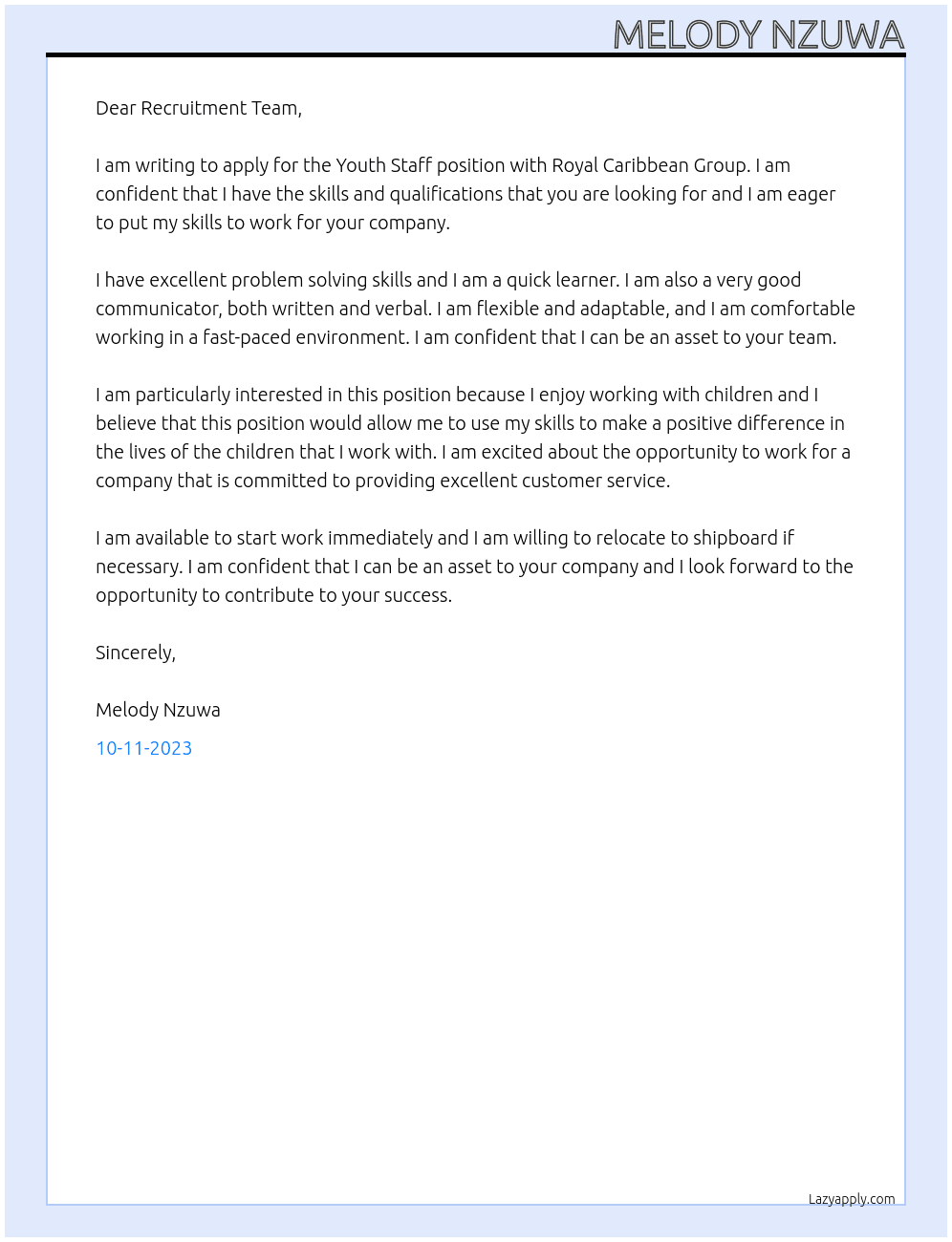 Youth staff At Royal Caribbean Group Cover Letter