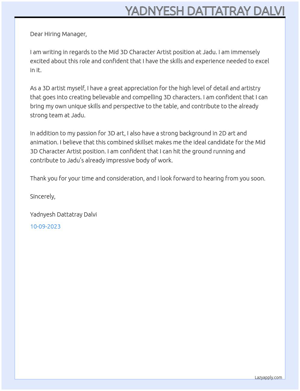 Mid 3D Character Artist At Jadu Cover Letter