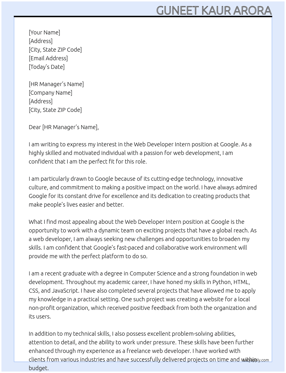 Web Developer Intern At Google Cover Letter