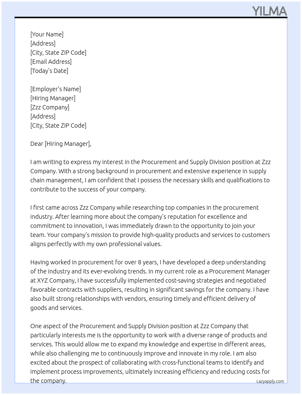 Procurement and supply Devision At Zzz Cover Letter