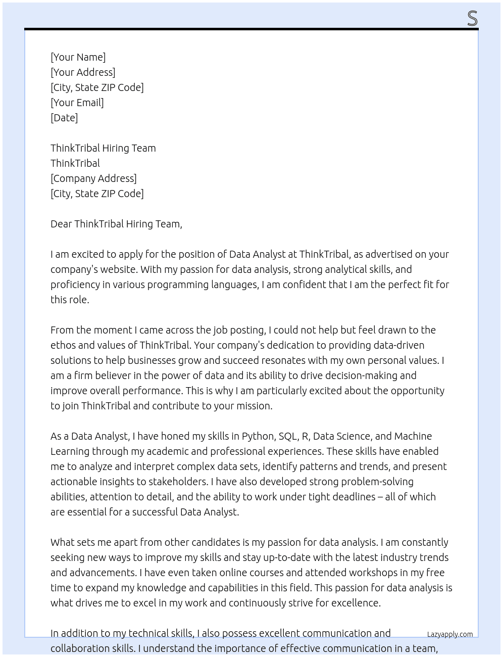 Data Analyst At ThinkTribal Cover Letter