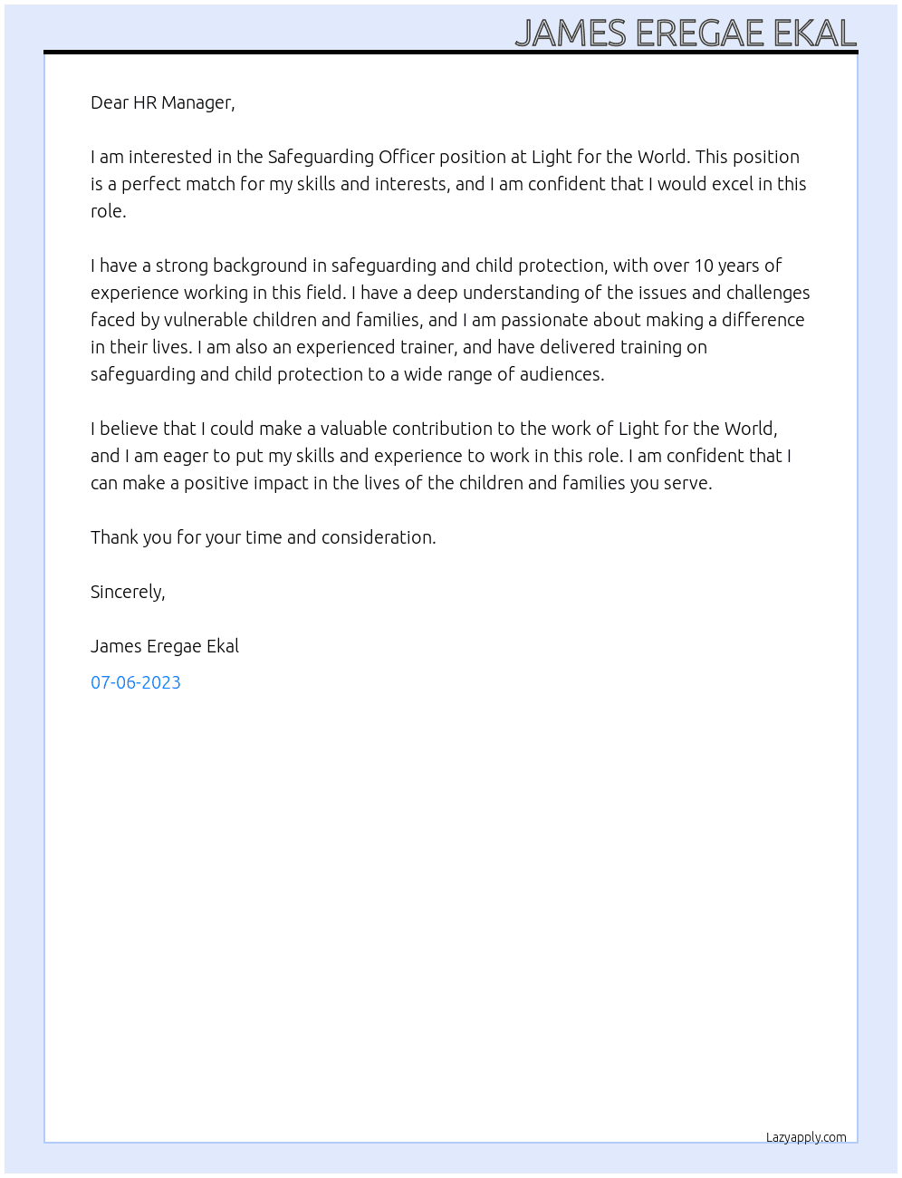SAFEGUARDING OFFICER At LIGHT FOR THE WORLD Cover Letter