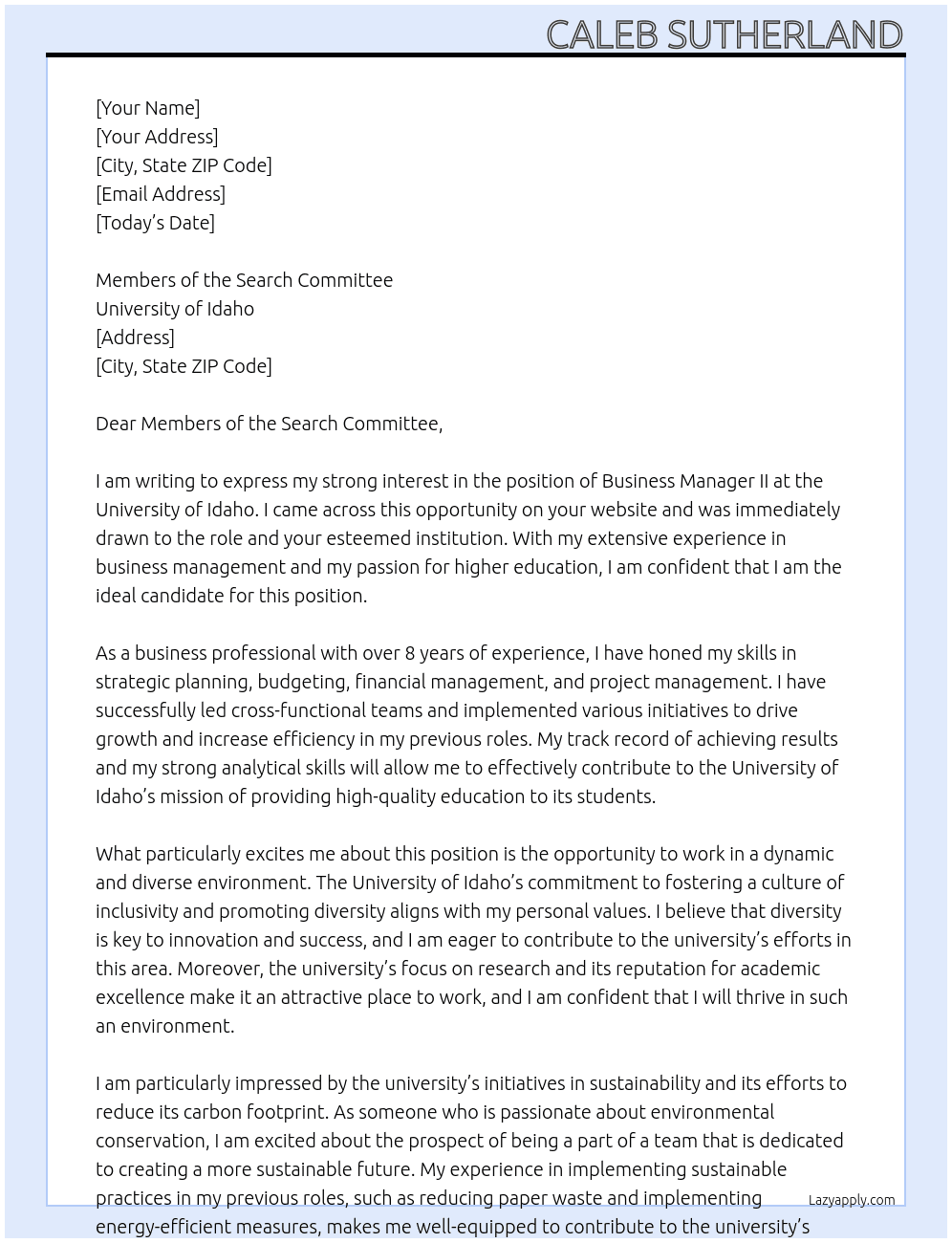Business Manager II At University of Idaho Cover Letter
