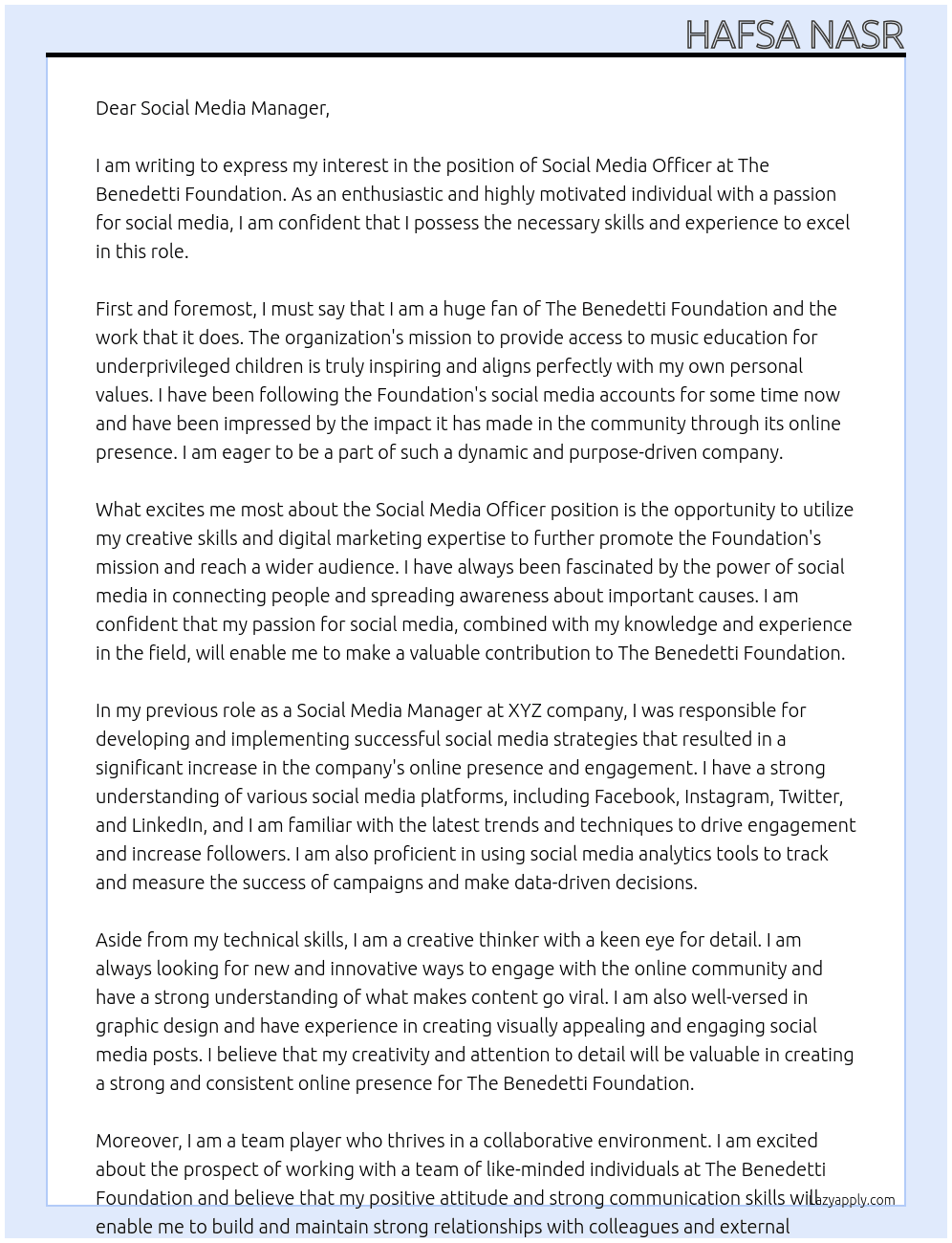 Social Media Officer At The Benedetti Foundation Cover Letter