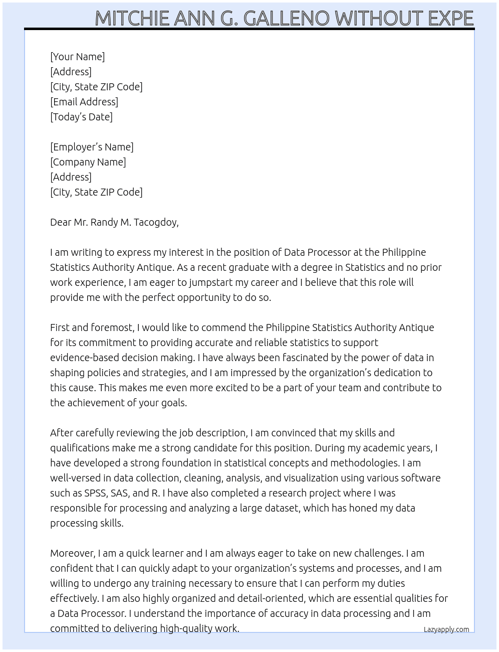 Data processor  At Philippine Statistics Authority Antique  Cover Letter