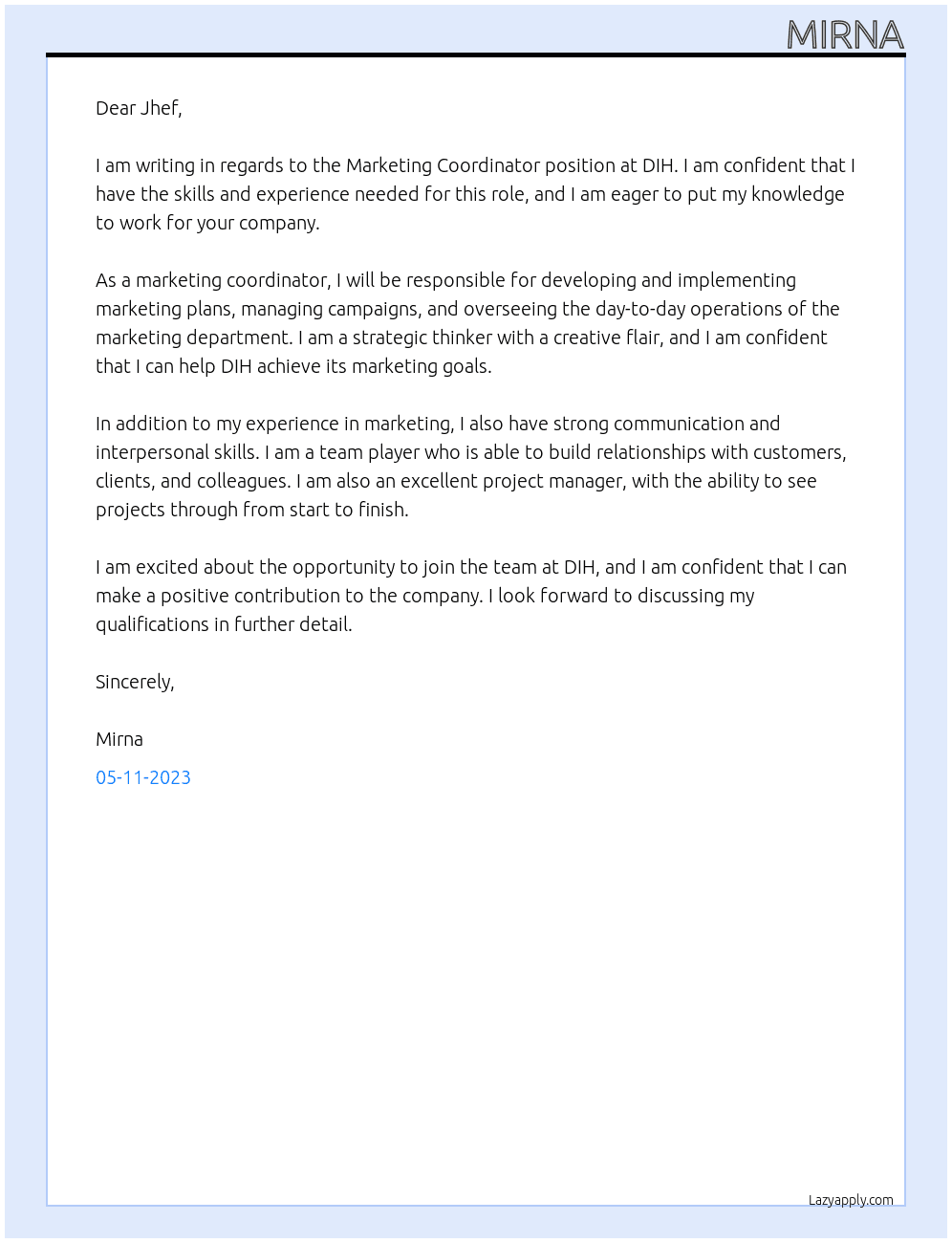 marketing coordinator At dih Cover Letter