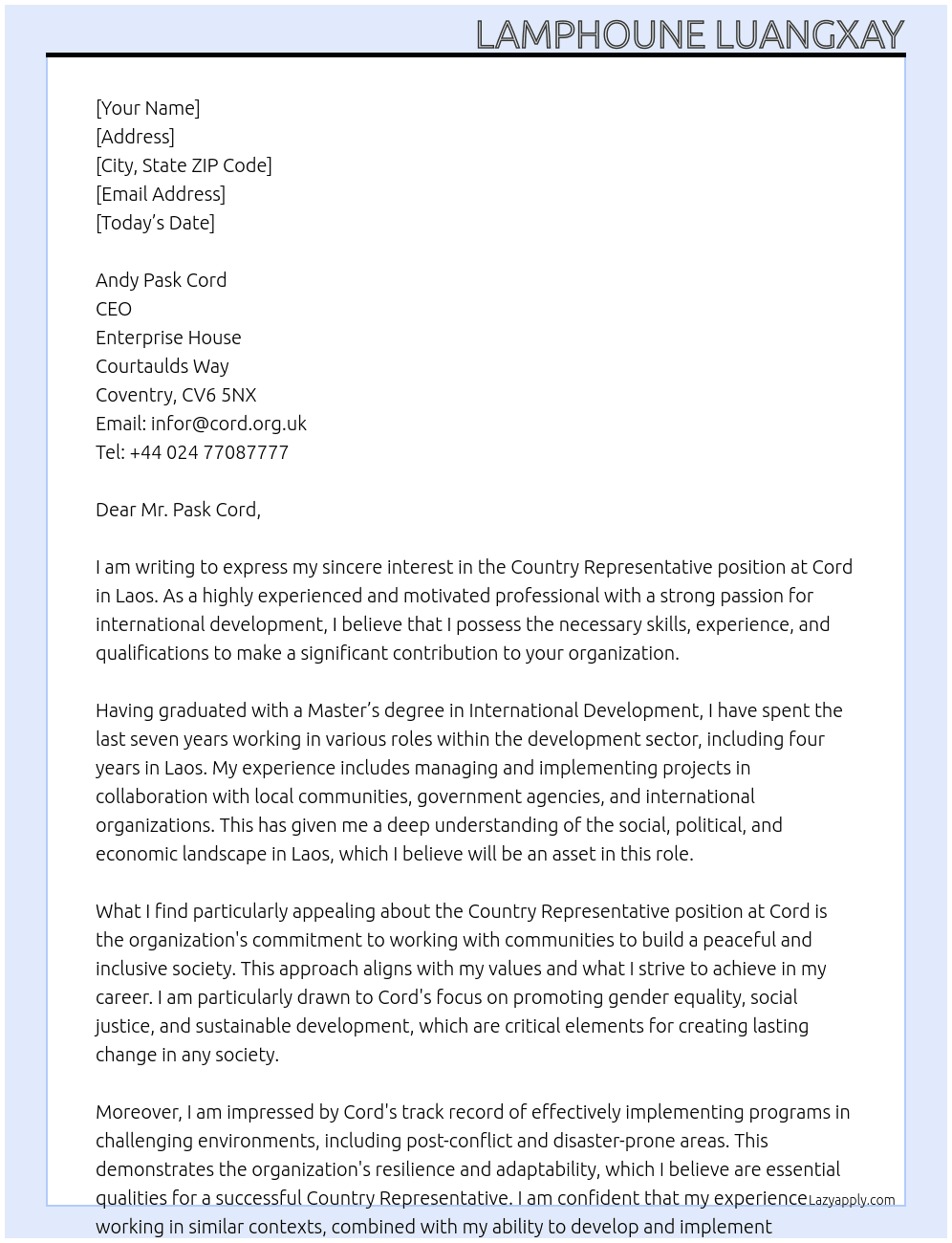 Country Representative (Laos) At Cord Cover Letter