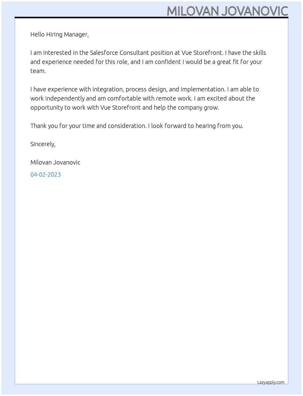 Salesforce Consultant At Vue Storefront Cover Letter