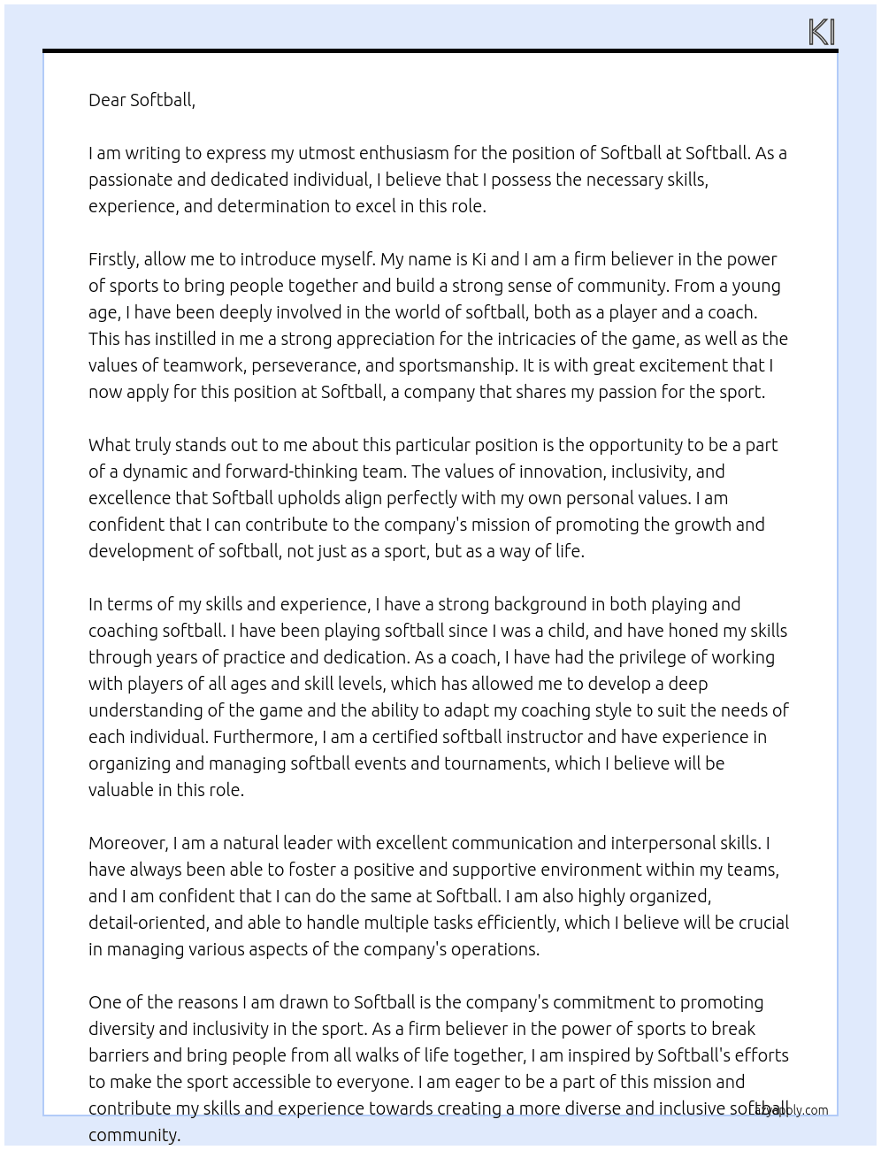 Cover letter for softball - LazyApply