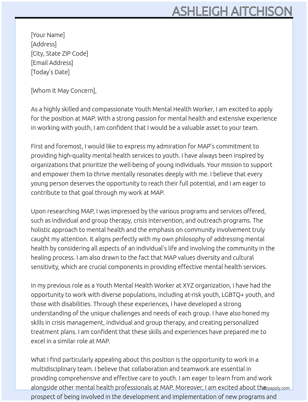 Youth mental health worker At MAP Cover Letter