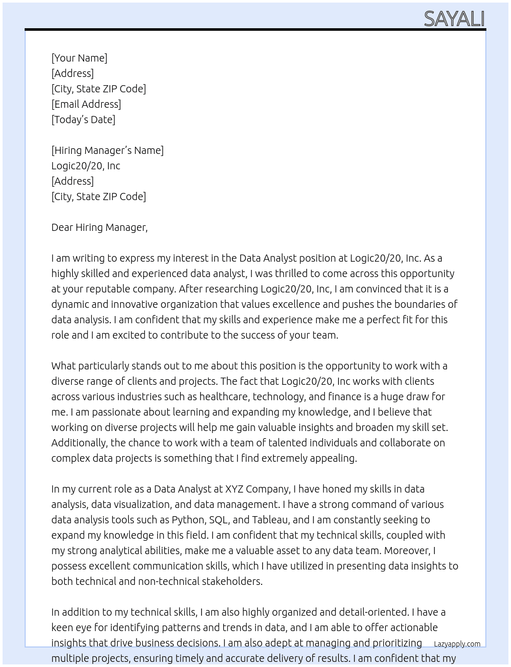 Data Analyst At Logic20/20, Inc Cover Letter
