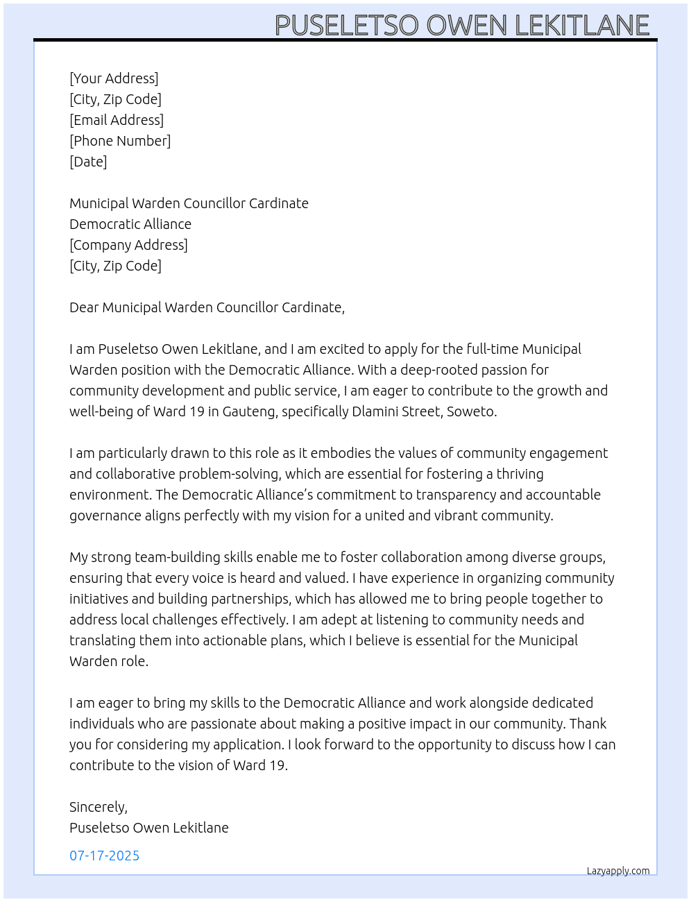 Municipal warden cardinate position  At Democratic alliance  Cover Letter