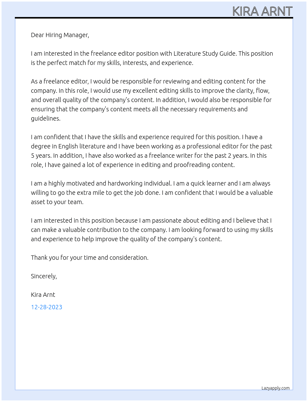 Freelance editor At Literature study guide Cover Letter