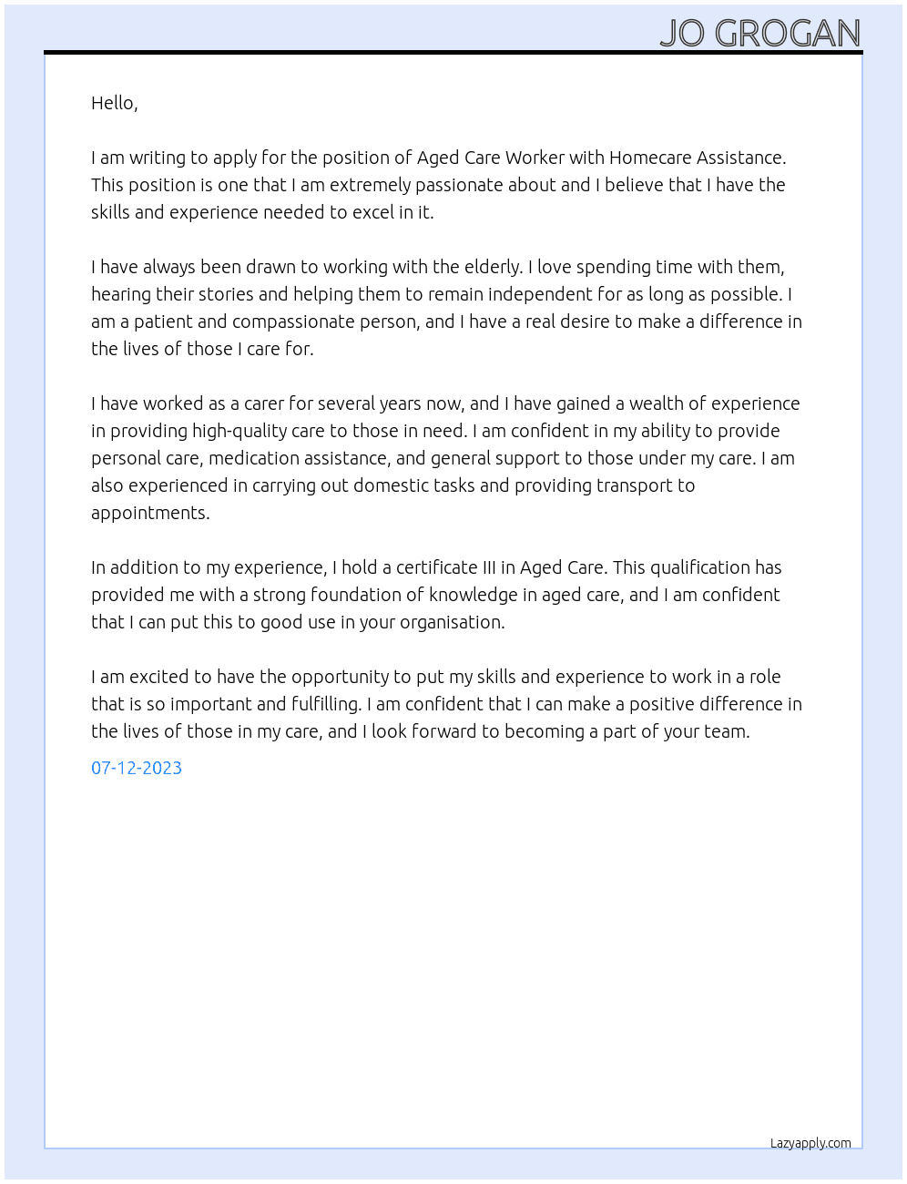 Aged care worker At HOmecare Assistance Cover Letter