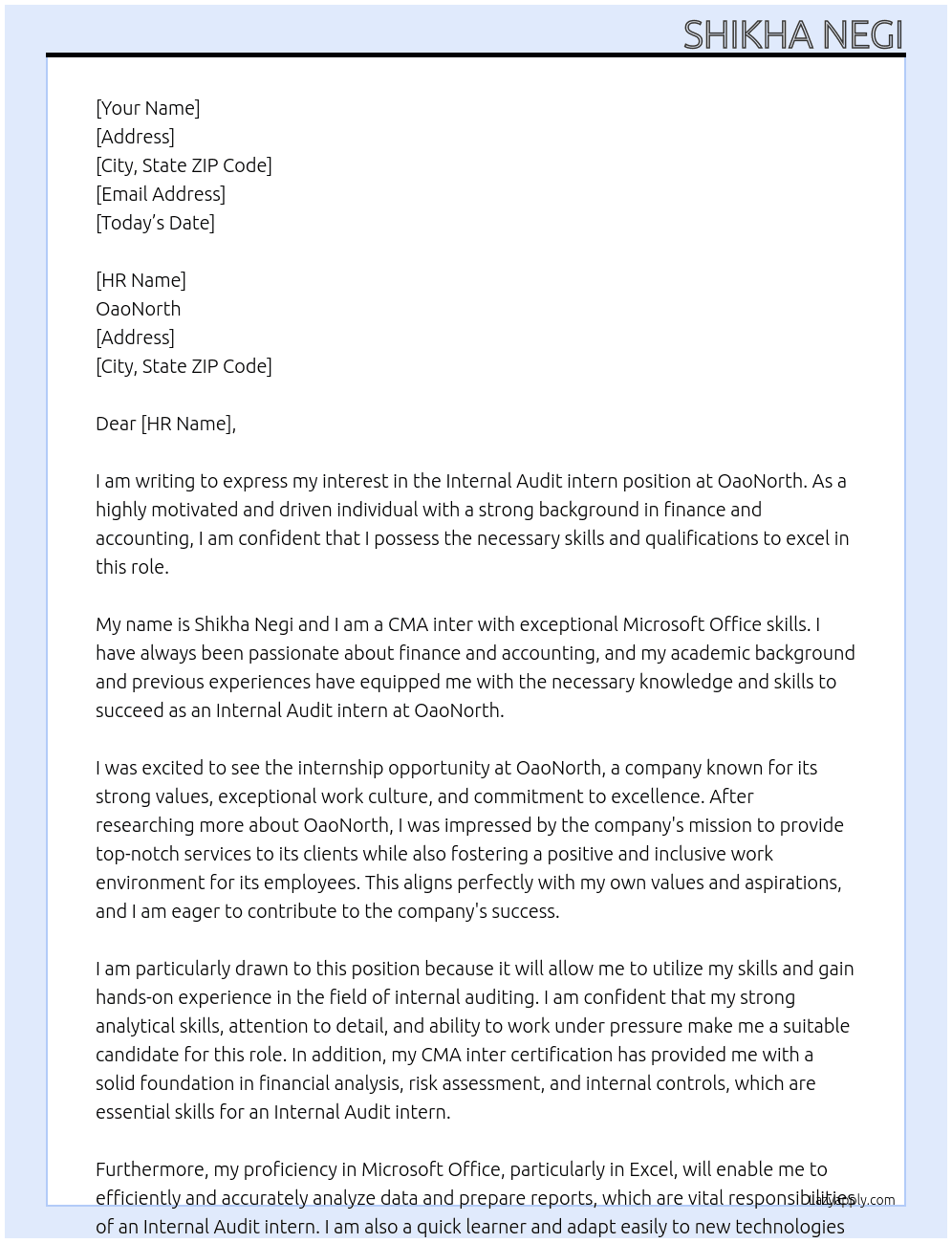 Internal Audit intern At OaoNorth Cover Letter