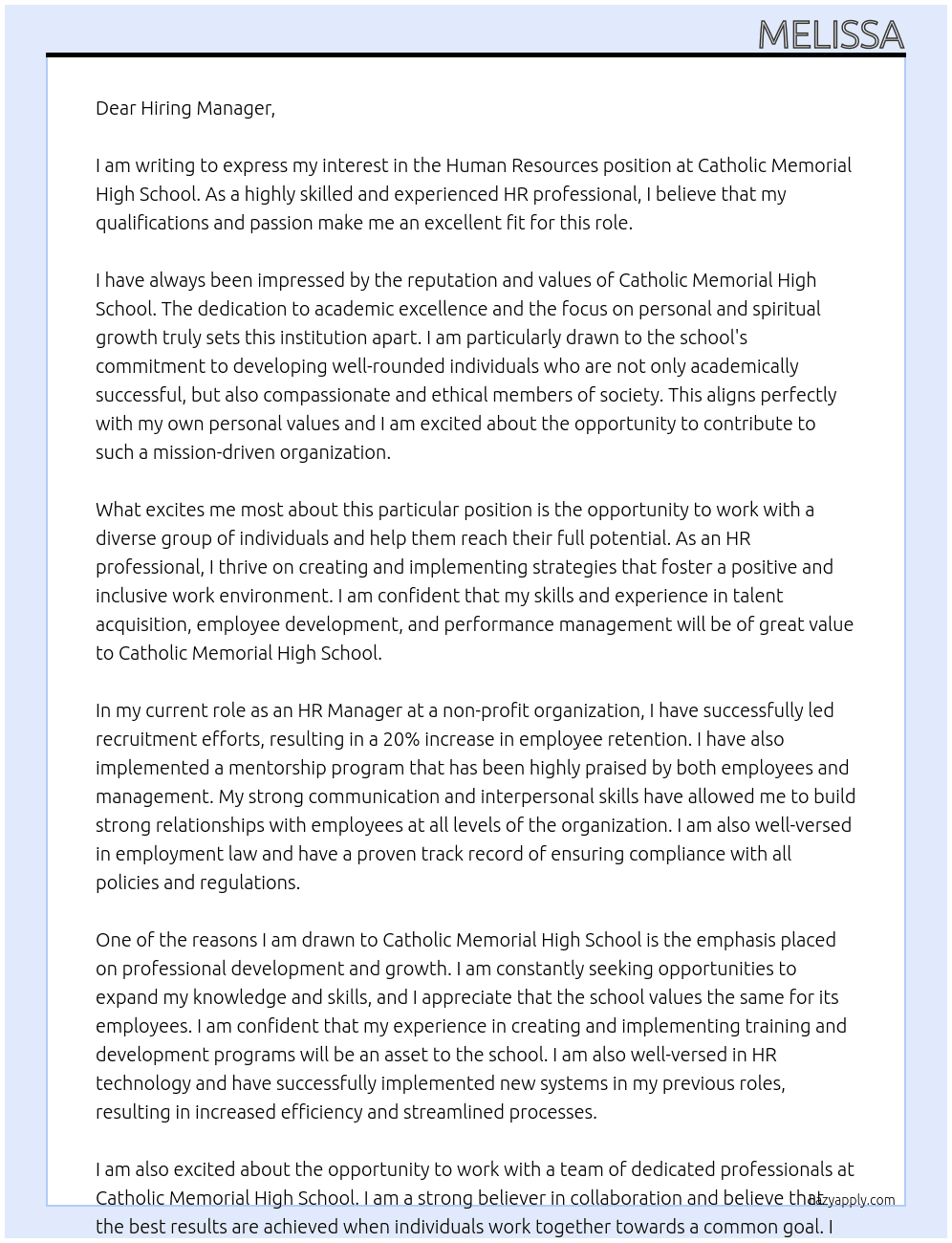 Humna resources  At Catholic Memorial High School Cover Letter