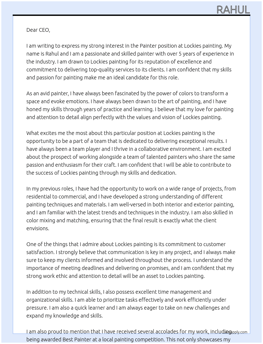 Painter  At Lockies painting Cover Letter