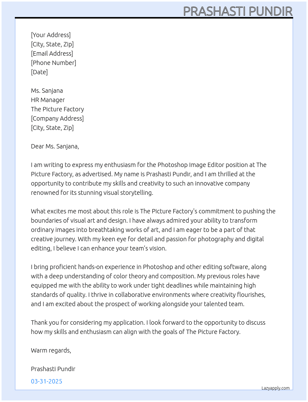 photoshop image editor At The picture factory Cover Letter
