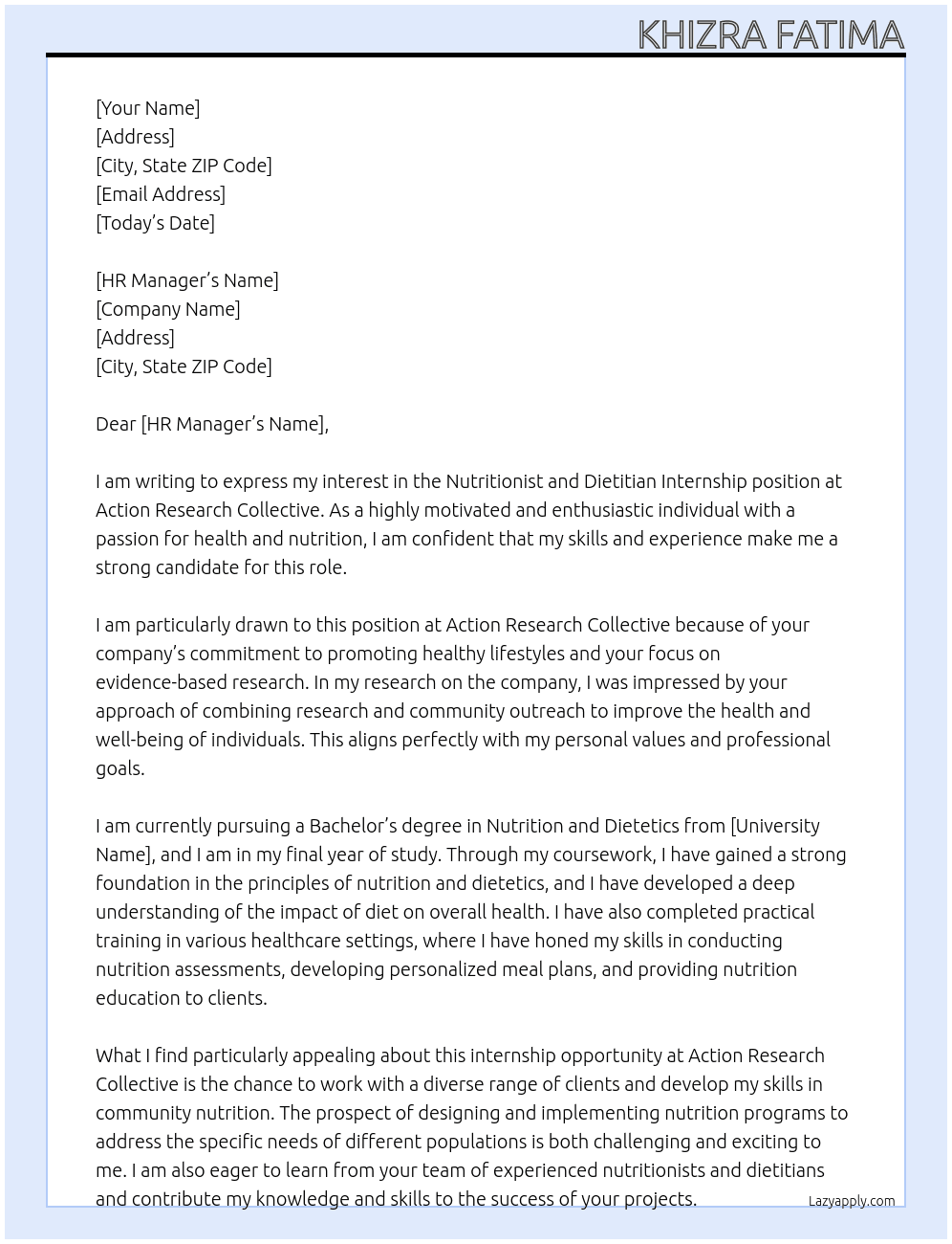 Nutritionist and Dietitian Internship At Action Research Collective Cover Letter