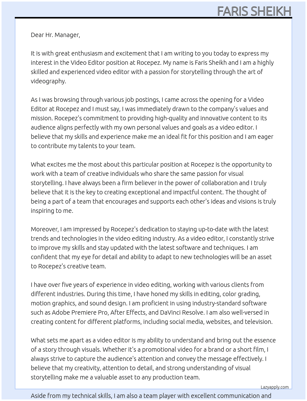 Video Editor At Rocepez Cover Letter