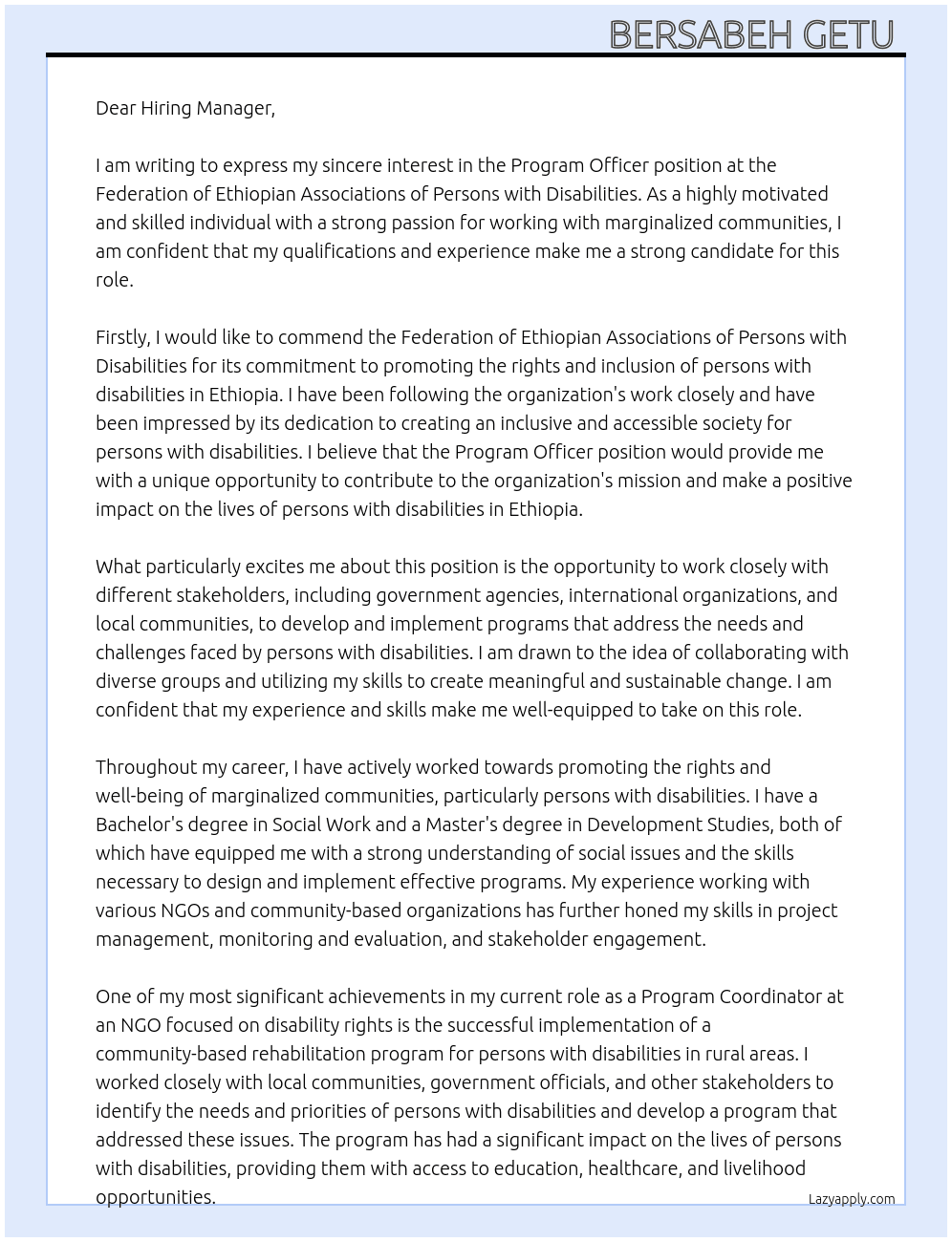 Program Officer At Federation of Ethiopian Associations of Persons with disabilities Cover Letter