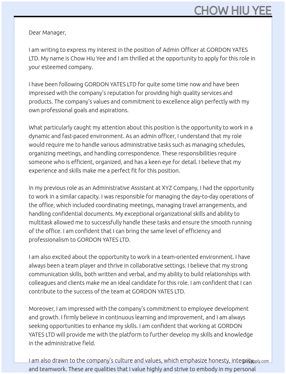Admin Officer At GORDON YATES LTD Cover Letter