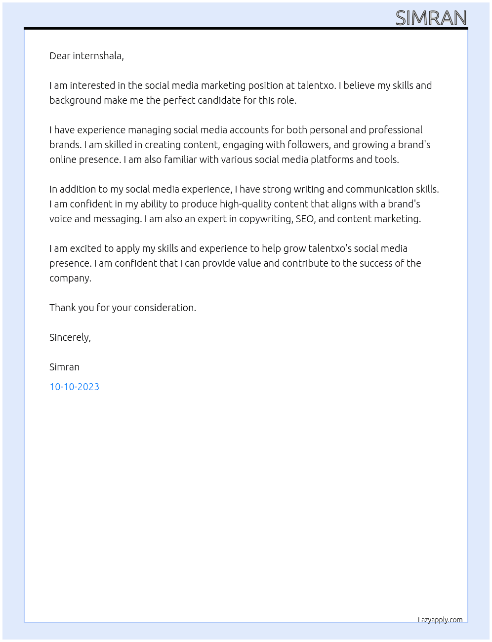 social media marketing At talentxo Cover Letter