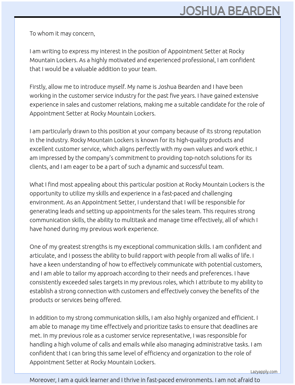 appointment setter At Rocky Mountain Lockers Cover Letter