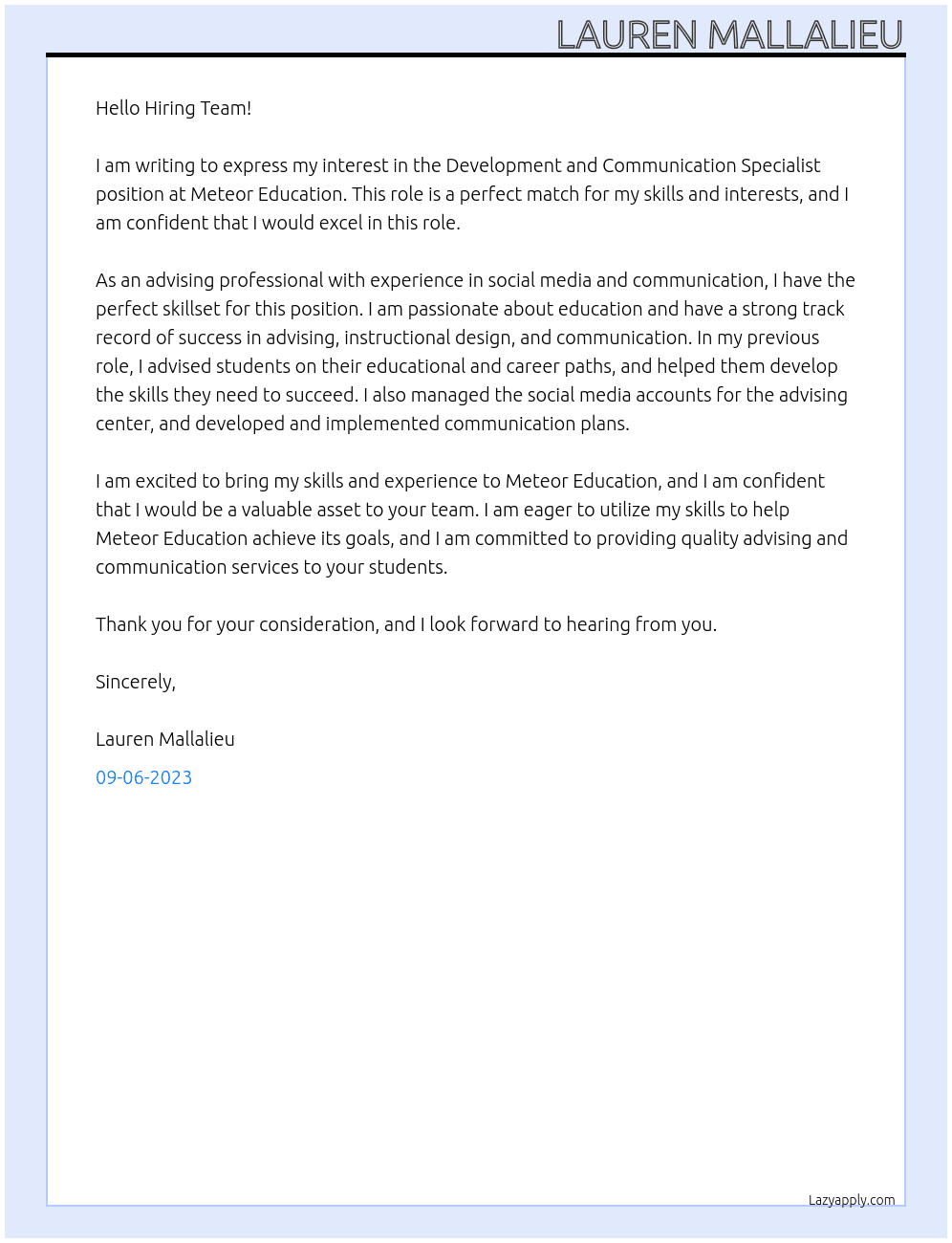 Development and Communication Specialist At Meteor Education Cover Letter
