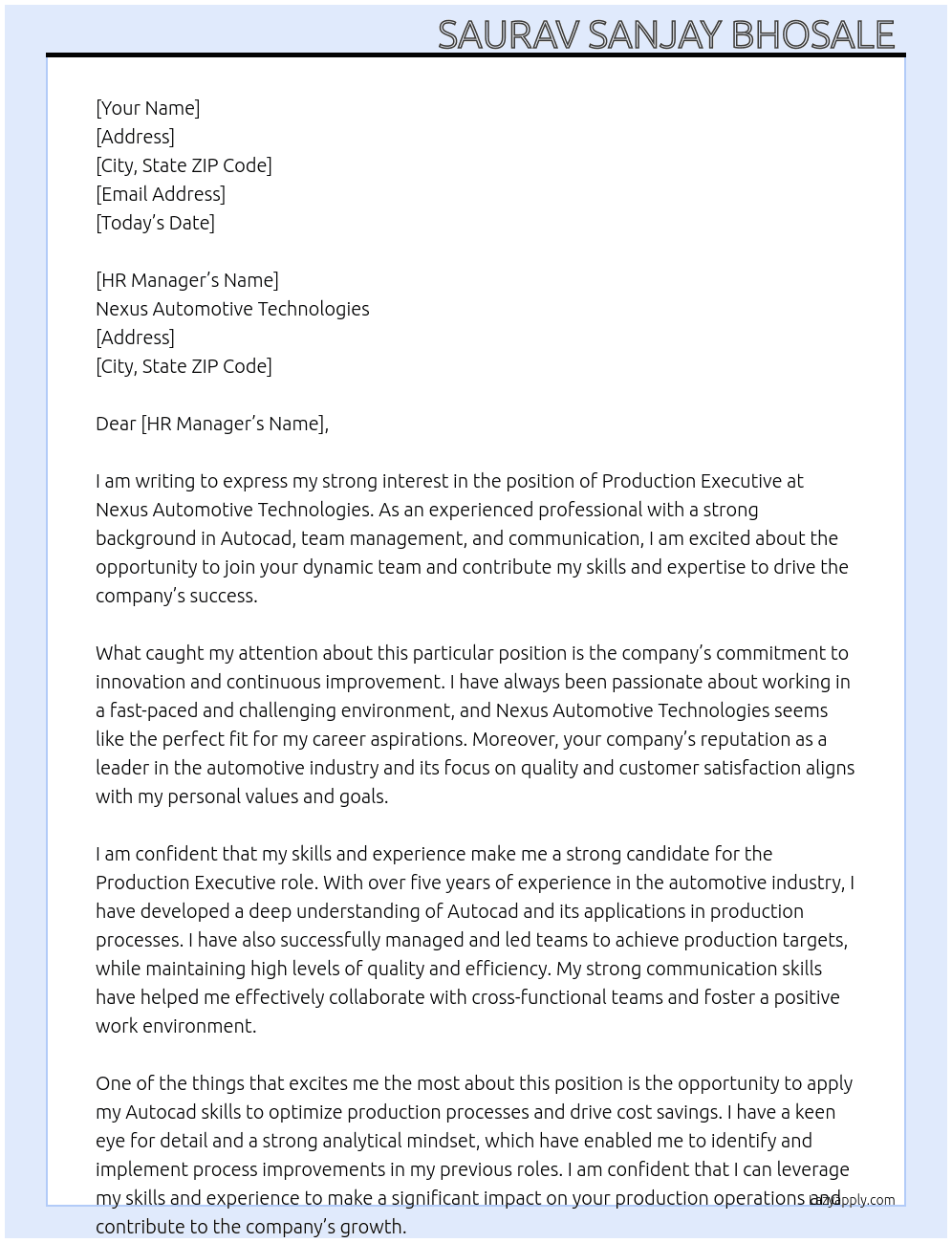 Production executive  At Nexus Automotive Technologies  Cover Letter
