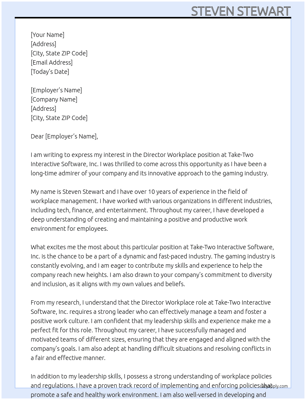 Director Workplace At Take-Two Interactive Software, Inc. Cover Letter