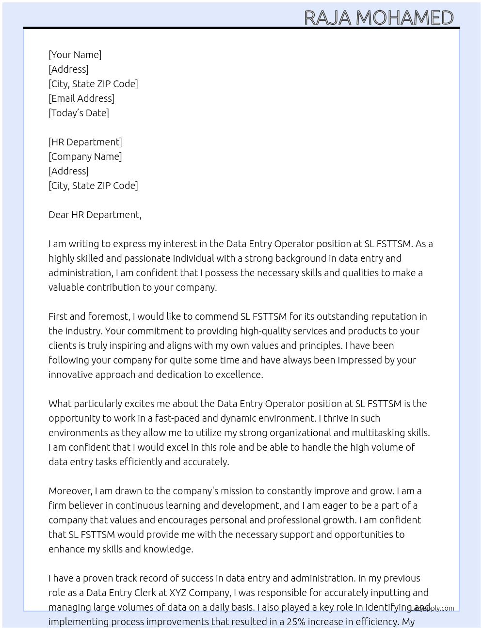 data entry operator At sl fsttsm Cover Letter