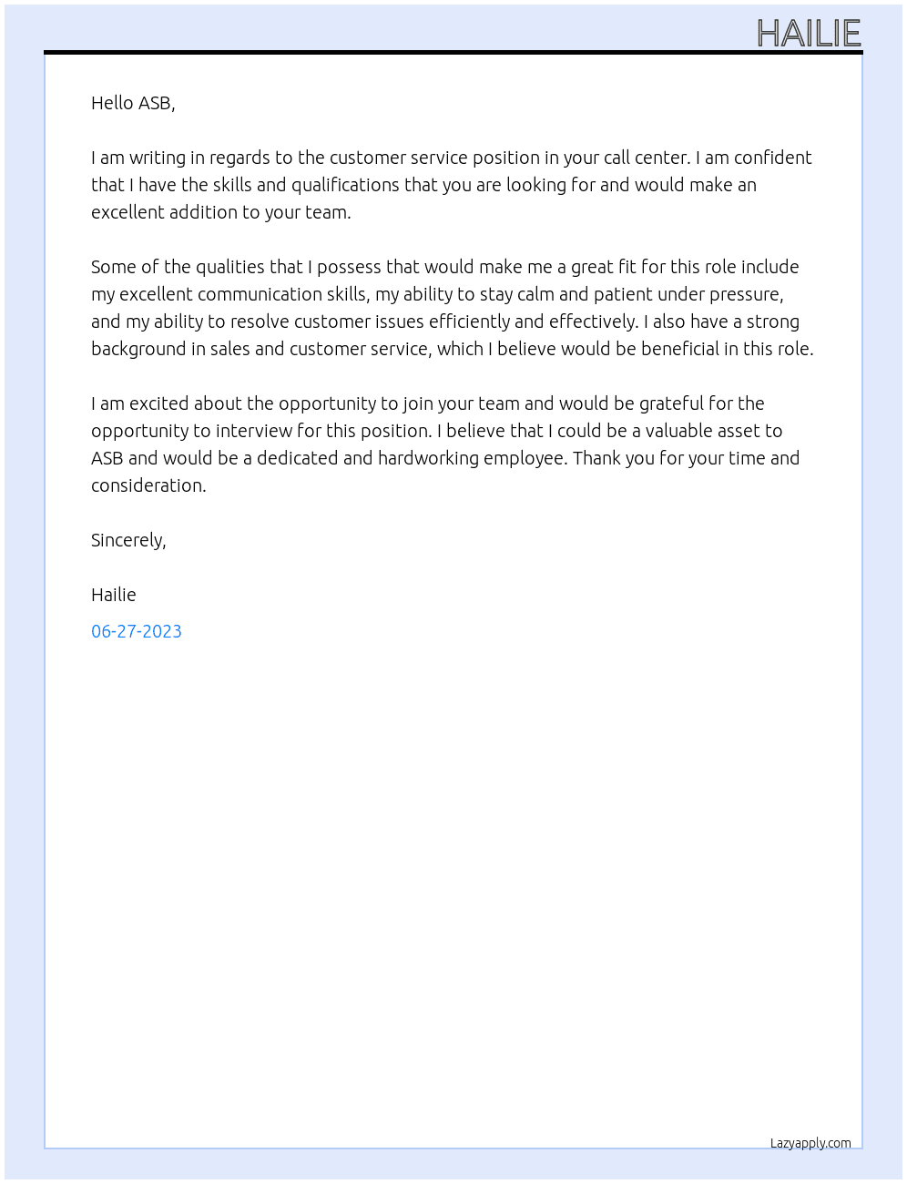 Customer Service - Call Centre (Call Centre & Customer Service) At ASB Cover Letter