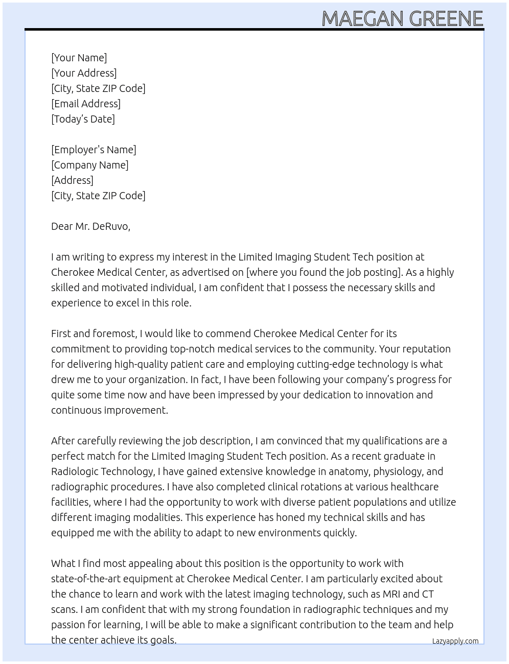 Limited Imaging Student Tech At Cherokee Medical Center Cover Letter