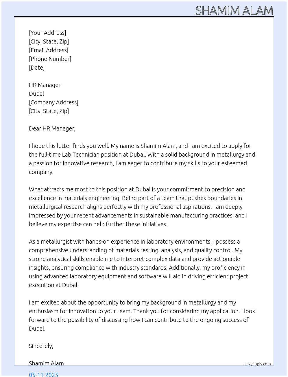 Lab technician  At Dubal Cover Letter