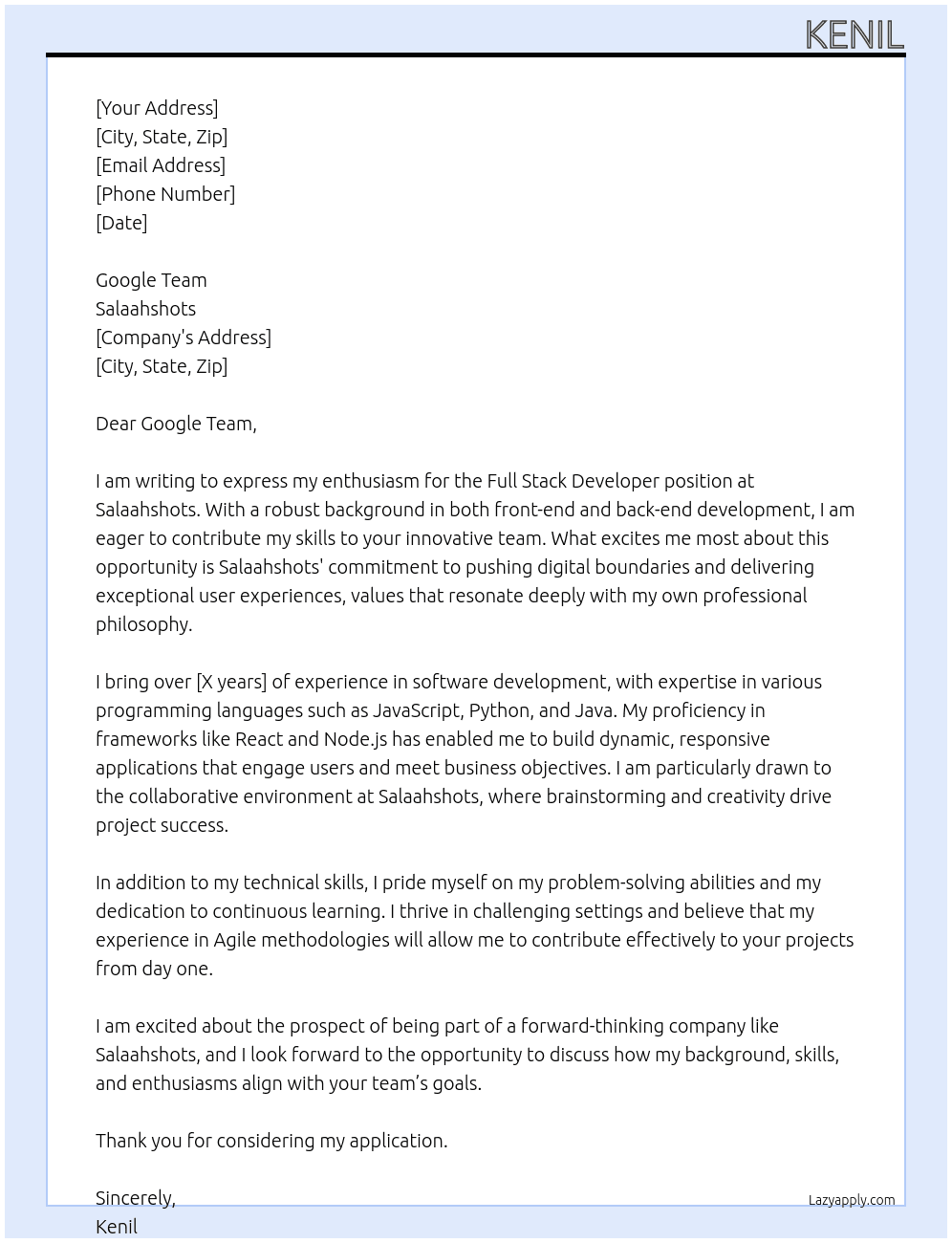 Full Stack Developer At Salaahshots Cover Letter
