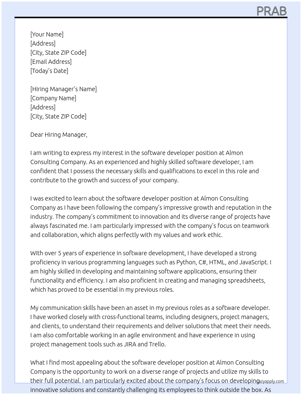 software developer At Almon Consulting Company Cover Letter