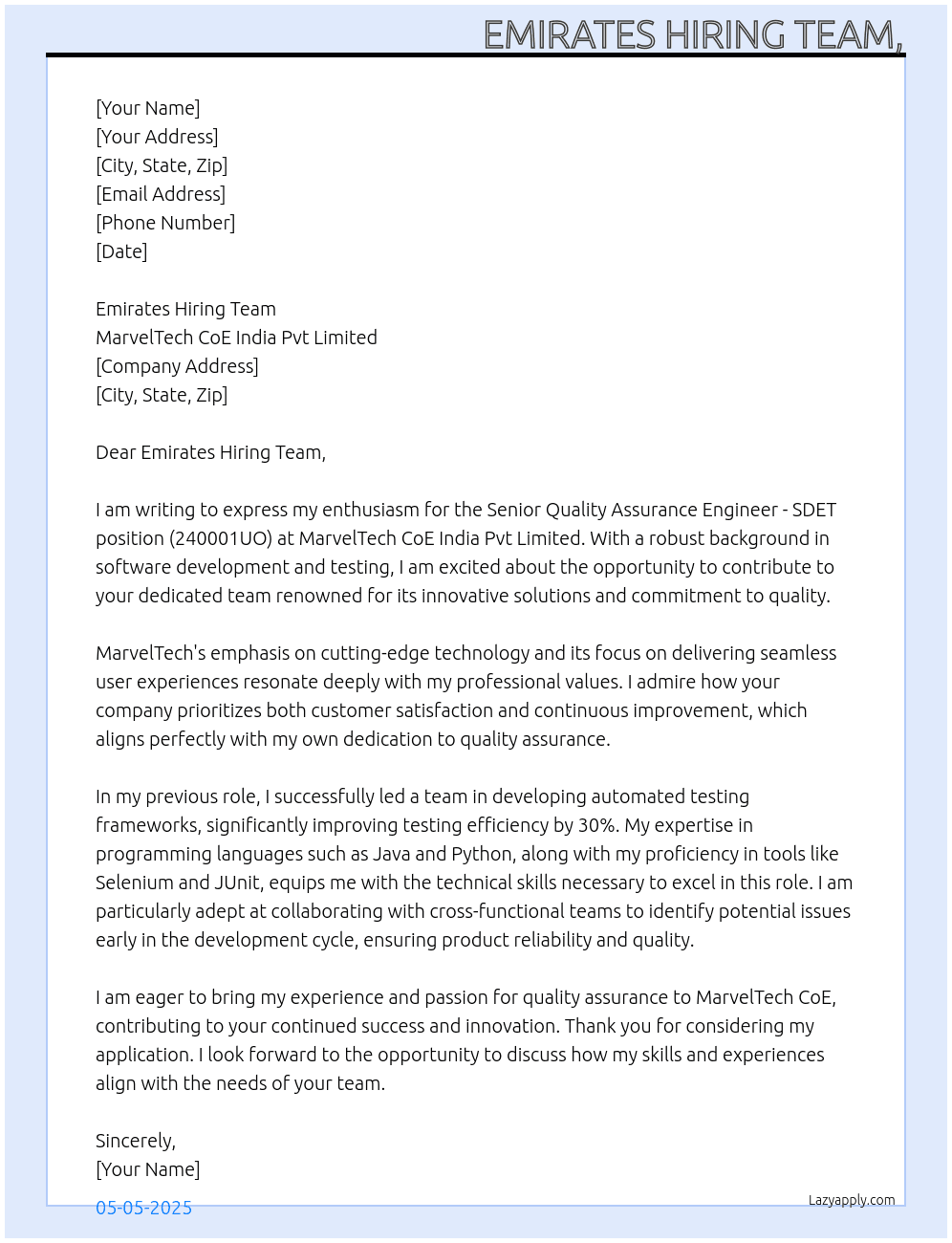 Senior Quality Assurance Engineer - SDET - 240001UO At  MarvelTech CoE India Pvt Limited. Cover Letter